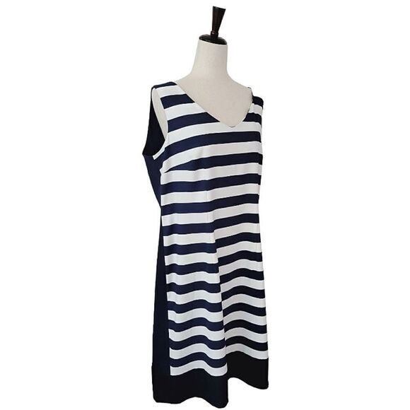 Alyx Limited Navy Blue Striped V-neck Sleeveless Stretch Sheath Dress Size 18 - Picture 2 of 8